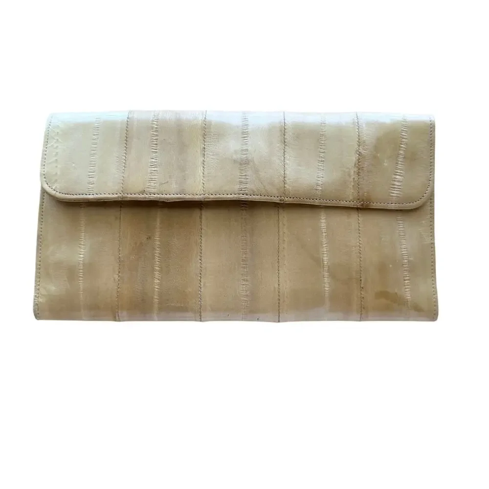 Vintage light tan eel skin leather folded wallet flap snap closure made in Korea